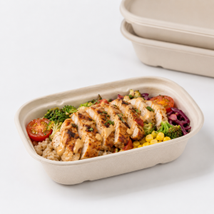 bagasse food container filled with chicken and vegetables