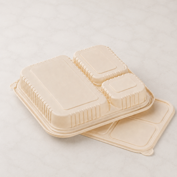 Closed cornstarch food container with matching lid on light marble background