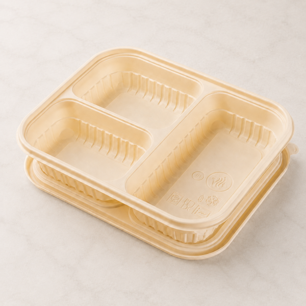 beige meal 1000ml three compartment cornstarch food container and molded food-safe icons