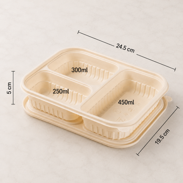 1000ml three compartment cornstarch food container showing measurements