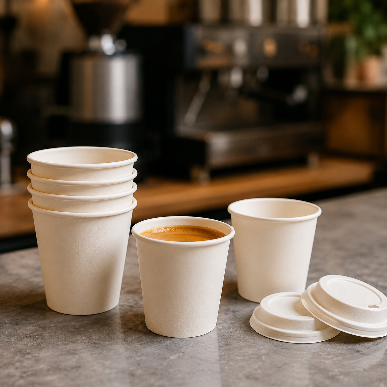 4oz espresso paper cup size with lids in coffee shop setting