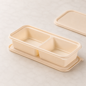 Open 550ml two compartment cornstarch food container showing two compartments