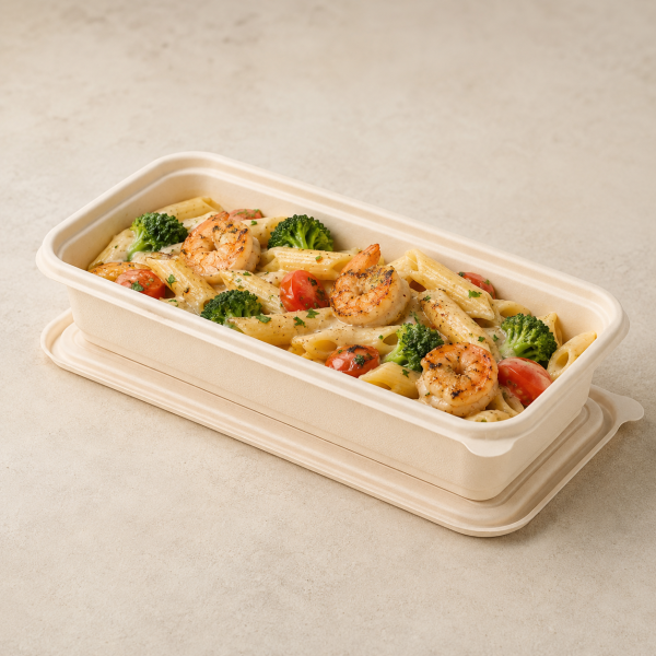 550ml rectangular single compartment cornstarch food container with shrimp pasta meal