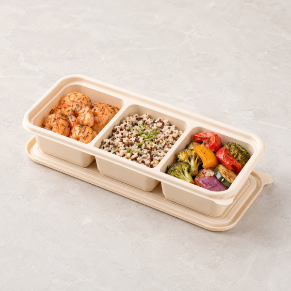 550ml three compartment cornstarch food container with shrimp grains and roasted vegetables