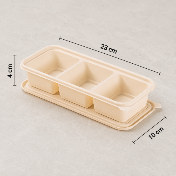 Three section beige food container showing 23 cm length and 10 cm width