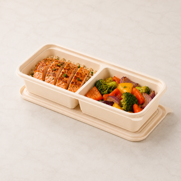 550ml two compartment cornstarch food container with salmon and vegetables