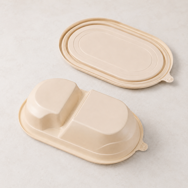 Bottom detail of 650ml cornstarch food container with matching lid