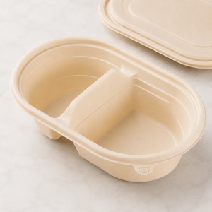 Interior detail of 650ml two compartment cornstarch food container with lid