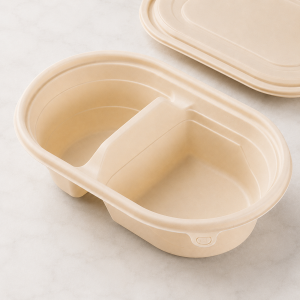 Interior detail of 650ml two compartment cornstarch food container with lid