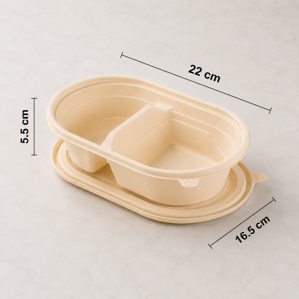 650ml two compartment cornstarch food container showing length width and height