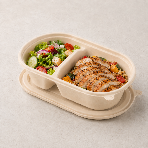 650ml two compartment cornstarch food container with grilled chicken and salad meal
