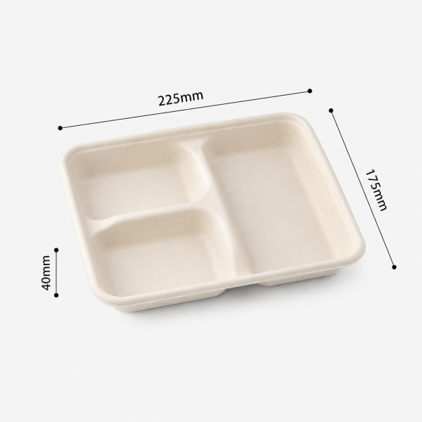 Dimensions of a three-compartment bagasse food container