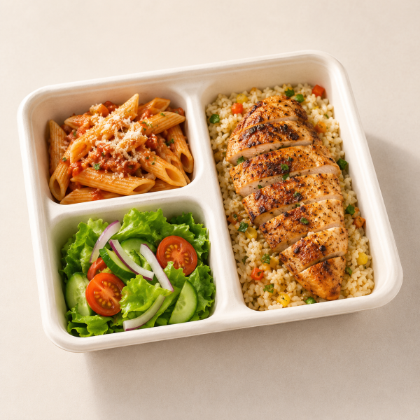 Bagasse meal container filled with chicken, rice, pasta and salad