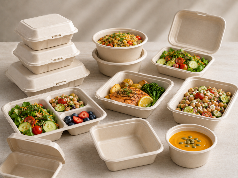 Assortment of bagasse food containers made from compostable sugarcane fiber packaging