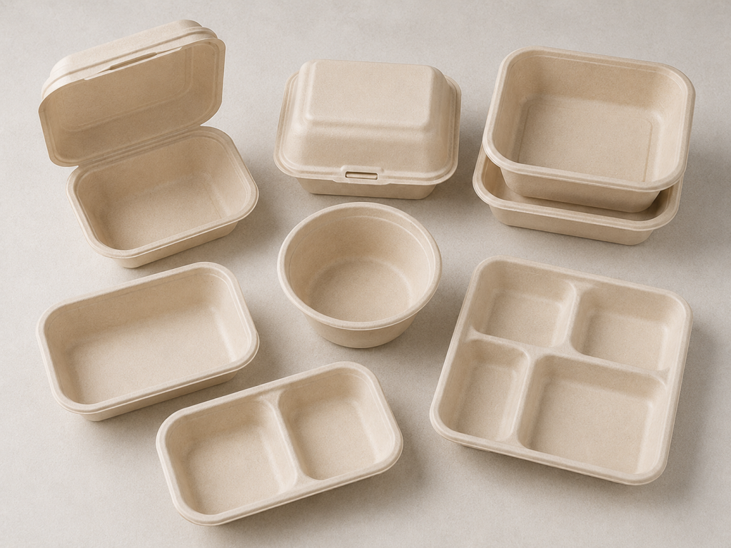 Bagasse meal prep containers with healthy supermarket ready meals and fresh food