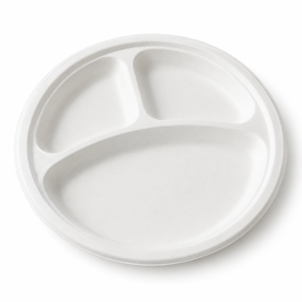 10 inch three compartment bagasse plate for meals
