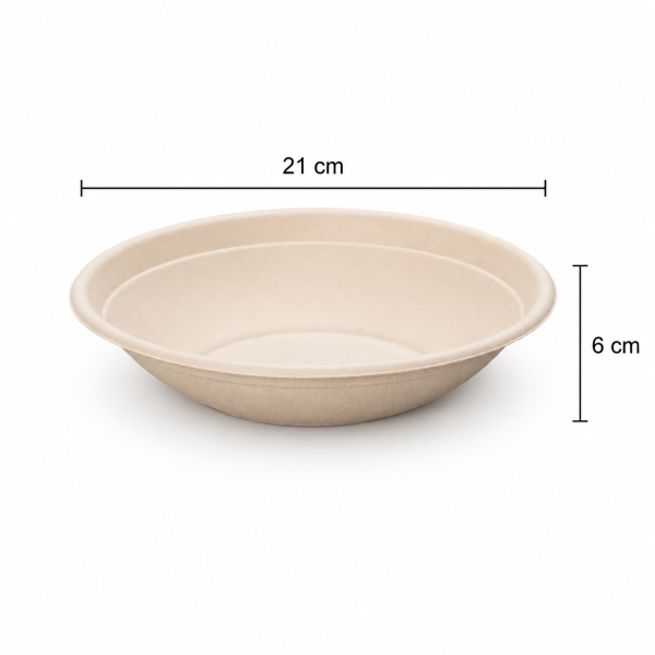 1000ml bagasse bowl size guide showing 21cm diameter and 6cm height