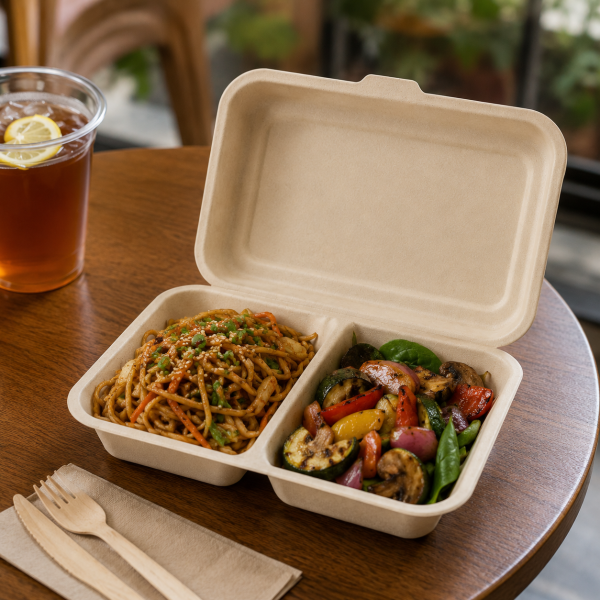 1000ml Two Compartment Bagasse Clamshell Food Container