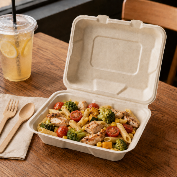 1000ml bagasse food container packed with pasta chicken and vegetables
