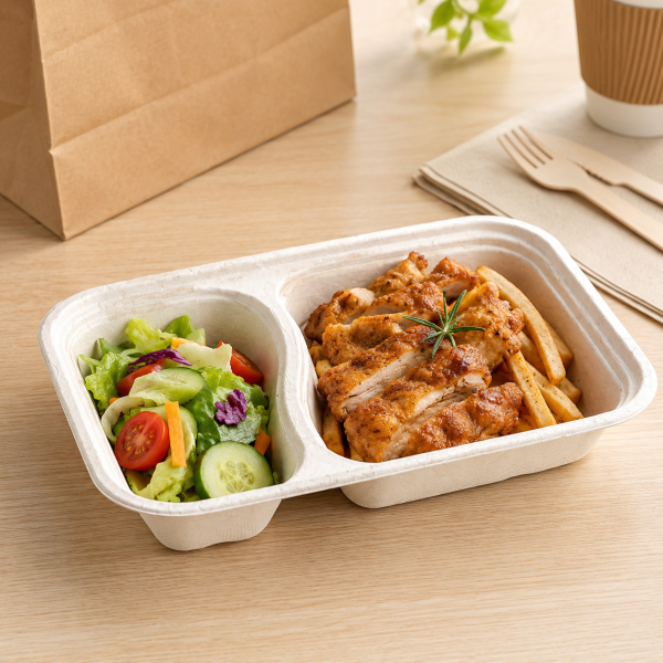 Two compartment bagasse tray serving grilled chicken fries and fresh salad
