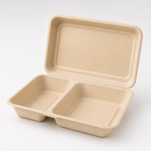 1000ml natural two compartment bagasse clamshell food container