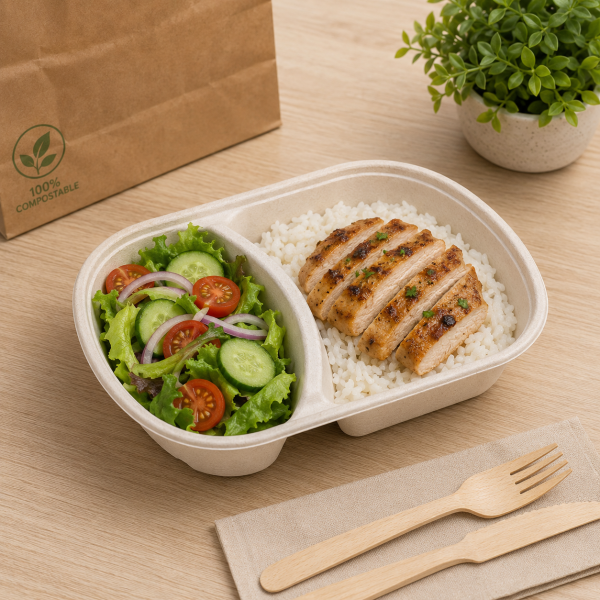 1100ml Two Compartment Bagasse Food Tray