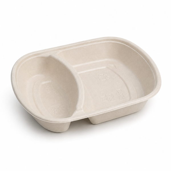 Natural 1100ml two compartment bagasse food tray with curved divider