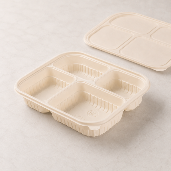 1200ml four compartment cornstarch food container with matching lid display