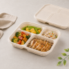 Prepared chicken rice and vegetables packed in four compartment food container