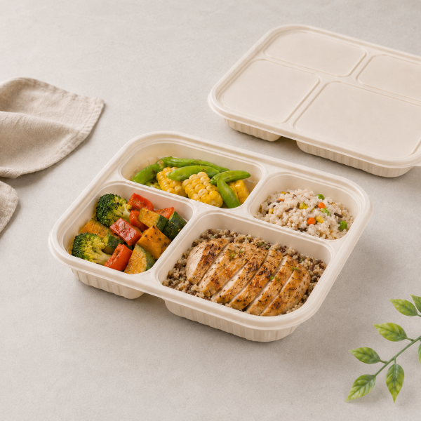 Prepared chicken rice and vegetables packed in four compartment food container