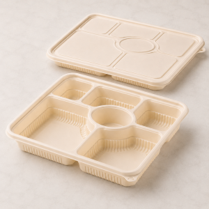 1200ml six compartment cornstarch food container with round sauce section