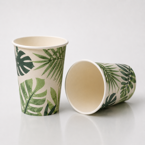 12oz disposable paper cup showing inner view and printed design