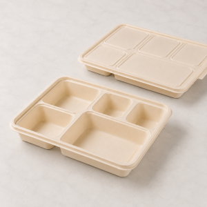 1300ml five compartment cornstarch food container with natural beige finish