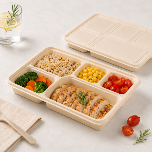 Grilled chicken rice vegetables and sides packed in divided lunch container