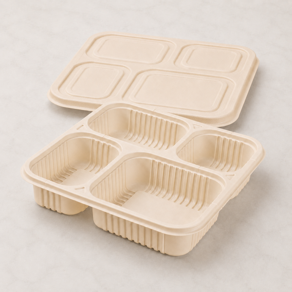 1300ml four compartment cornstarch food container with natural beige finish