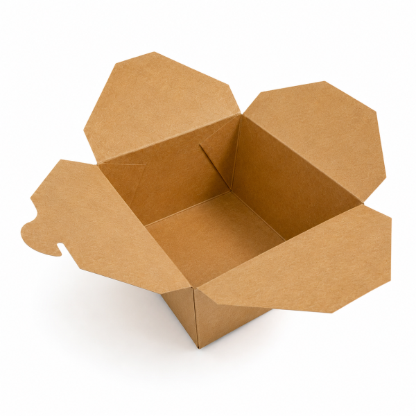 Open 1400ml kraft paper takeaway box showing four fold-out side panels