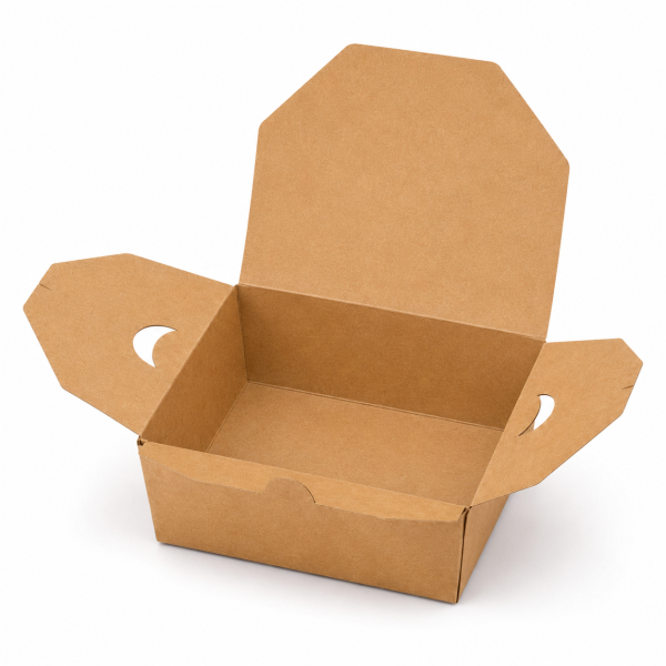 Open 1400ml kraft food box showing wide empty interior and vented side flaps