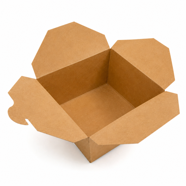 Open 1480ml kraft paper takeaway box showing four fold-out side panels