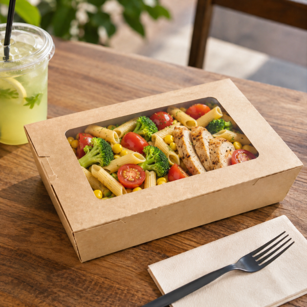 1600ml kraft window salad box filled with chicken pasta and vegetables in a café setting
