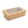 Closed 1600ml kraft salad box with clear window on white background