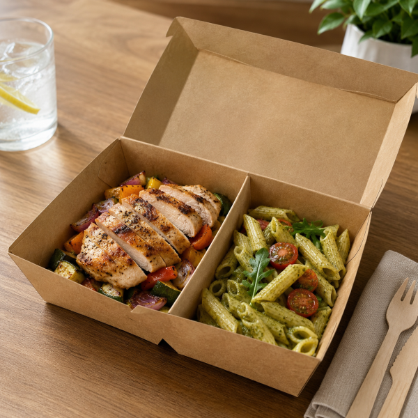 Two compartment kraft takeaway box filled with chicken vegetables and pesto pasta