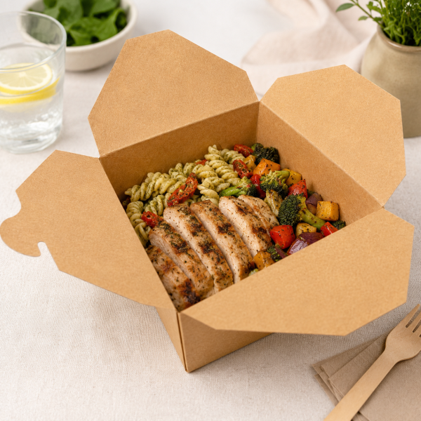 Large kraft takeaway food box filled with grilled chicken pasta and vegetables