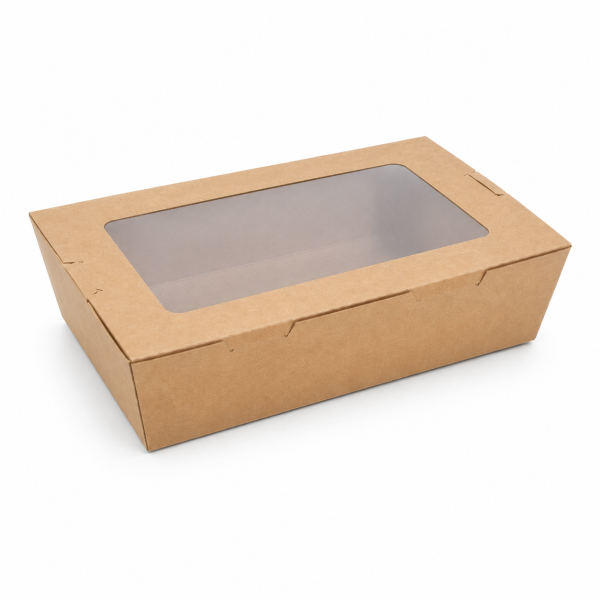 Closed 2100ml kraft salad box with clear window on white background