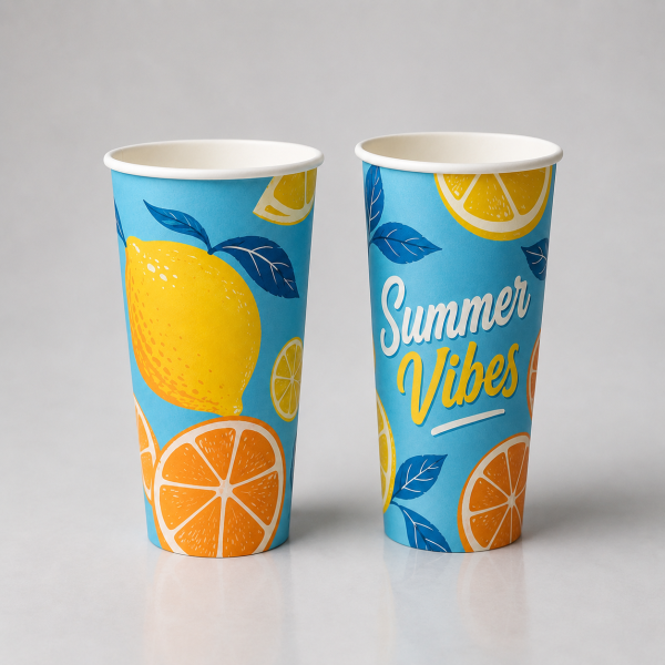 22oz custom printed beverage cup with colorful citrus design front view