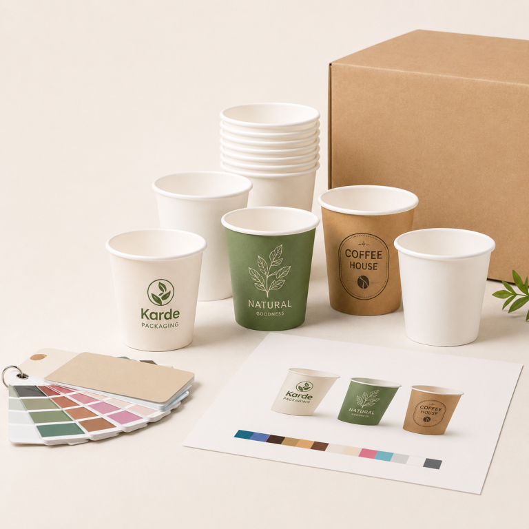 Custom printed 4oz paper cups displayed for wholesale and bulk ordering