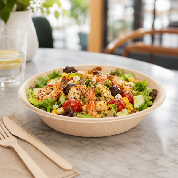 680ml bagasse bowl serving grilled shrimp salad in cafe setting