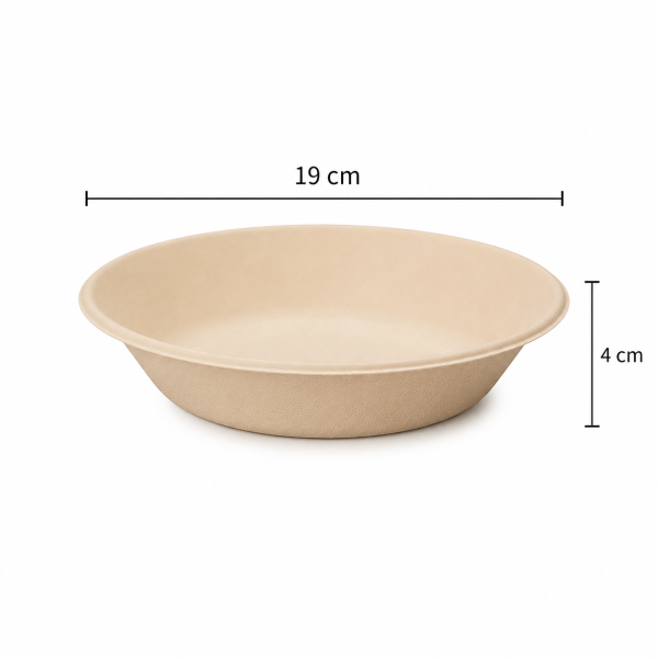 680ml bagasse bowl dimensions showing 19cm diameter and 4cm height