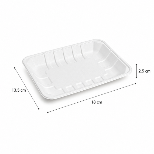 7 inch bagasse tray dimensions measuring 18 by 13.5 by 2.5 centimeters