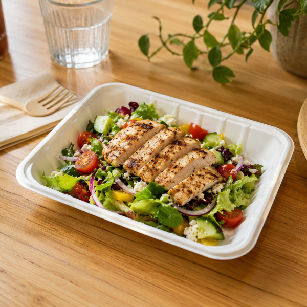 7 inch bagasse food tray serving grilled chicken salad on table