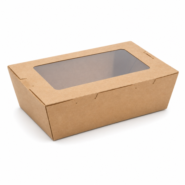 Closed 700ml kraft salad box with clear window on white background